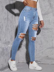High Waist Ripped Skinny Jeans - Light Wash - View 5