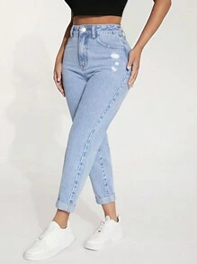 SHEIN PETITE 高腰破洞卷邊直筒牛仔褲 - 淺色水洗藍 - 查看 3