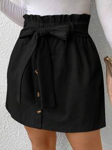 SHEIN Frenchy Plus Paperbag Waist Button Front Belted Skirt - Black - View 3