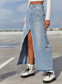 SHEIN EZwear Cao eo Xén Thô Tách đùi Váy Denim - Rửa nhẹ - Xem 6