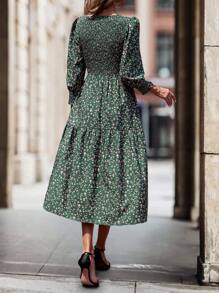 SHEIN Clasi 碎花印花灯笼袖荷叶边下摆连衣裙长款女装 - 彩色 - 查看 2