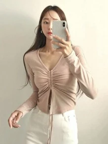 DAZY Solid Drawstring Front Slit Hem Tee,Fall Clothes Long Sleeve Women Tops - Pink - View 5