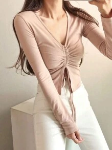 DAZY Solid Drawstring Front Slit Hem Tee,Fall Clothes Long Sleeve Women Tops - Pink - View 6