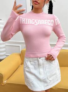 SHEIN EZwear Mẫu chữ Cổ giả Áo len - Hồng - Xem 6