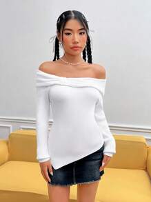 SHEIN MOD Off Shoulder Asymmetrical Hem Sweater - Beige - View 3
