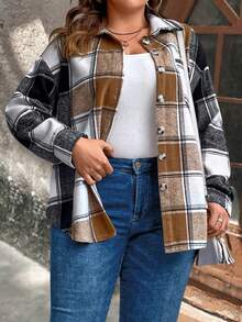 Plus Drop Shoulder Curved Hem Plaid Print Coat - Multicolor - View 4