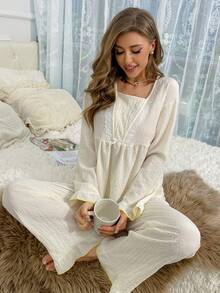 Contrast Lace Square Neck Flounce Sleeve Peplum Top & Pants PJ Set - Apricot - View 5