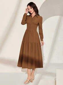 Modelyn 素色前紐扣襯衫洋裝 - 棕色 - 查看 3