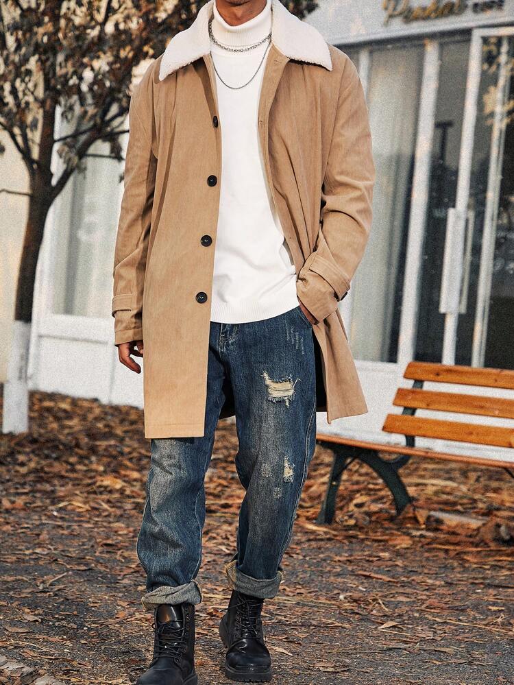 Men's Plus Size Color-blocking Lapel Woolen Coat