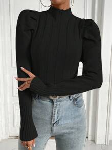 Chiquease Suéter de punto acanalado con cuello alto y mangas abullonadas para otoño e invierno - Negro - Ver 7