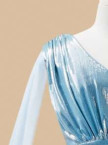 Teen Girl Solid Mesh Panel Flare Hem Party Dress - Blue - View 5