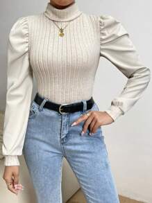 SHEIN Privé Lantern Sleeve Turtleneck Top - Apricot - View 5