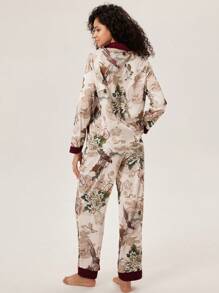 LUVLETTE 秋冬花卉图案中国水墨花卉印花缎面长款女士睡衣套装女士休闲套装内衣秋季睡衣 - 摩卡棕 - 查看 8