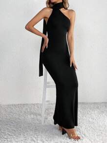 SHEIN Tall 素色繞頸緊身洋裝 - 黑色 - 查看 3