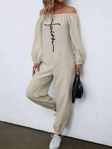 SHEIN Unity Off Shoulder Letter Graphic Jumpsuit - Apricot - View 3