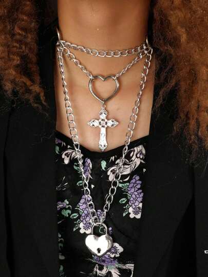Goth 1pc Funky Cross & Heart Charm Layered Choker For Women For Daily Decoration