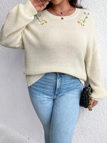 SHEIN LUNE Plus Floral Embroidery Drop Shoulder Sweater - Apricot - View 4
