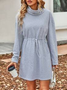 SHEIN Essnce 腰部抽繩落肩袖洋裝 - 淺灰色 - 查看 6