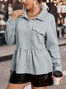 SHEIN LUNE Plus Flap Pocket Peplum Jacket Fall Cloth For Women - Grey - View 4