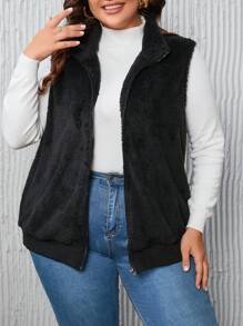 SHEIN LUNE Plus Zip Up Teddy Vest Jacket, For Winter - Black - View 1