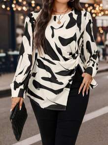Calvaya Plus Graphic Print Twist Front Asymmetrical Hem Blouse