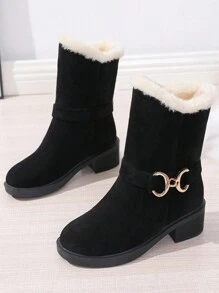 女性新款棕色的雪地靴時尚短靴受歡迎在歐美,長毛絨加厚濃烈香調雪地靴帶中跟和復古圓頭金屬扣裝飾,女性冬天靴子摩托車靴子 - 黑色 - 查看 5