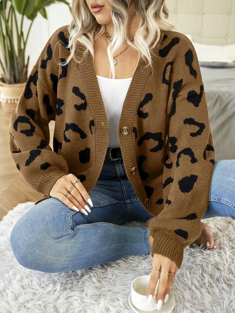 SHEIN LUNE Hơn Hoa văn Báo Thả vai Áo len Mở - màu nâu - Xem 1