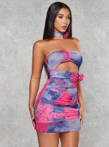 SHEIN BAE Tie Dye Cut Out 3d Rose Front Tube Bodycon Dress With Choker - Purple - View 5