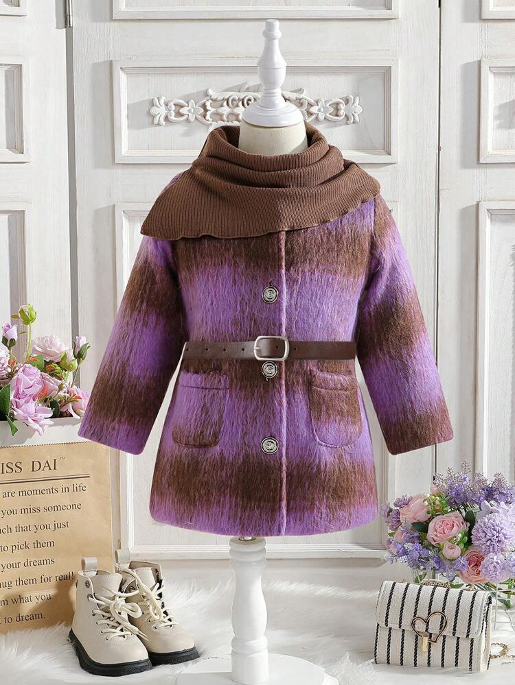 Young Girl Plaid Print Button Front Overcoat & Scarf