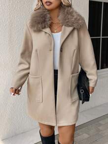 SHEIN LUNE Plus Borg Collar Dual Pocket Overcoat - Mocha Brown - View 3