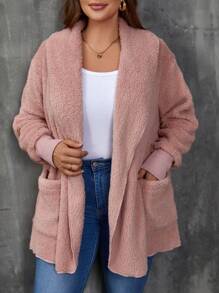 SHEIN LUNE Hơn Túi Kép Mở Mặt trước Áo khoác Teddy - Bụi hồng - Xem 4