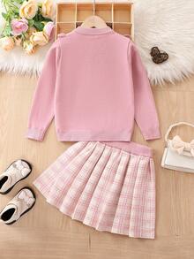 SHEIN Cô Gái Trẻ Viền Ruffle Nơ mặt trước Áo len Mở & Kẻ sọc Xếp li Váy len nửa mảnh - Hồng - Xem 2