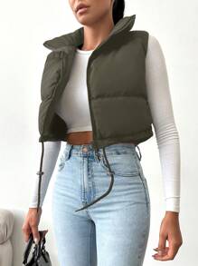 RueChic Drawstring Hem Zipper Puffer Vest Coat - Khaki - View 5