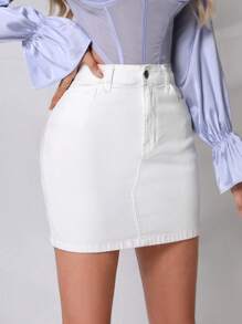 SHEIN Privé 高腰牛仔半身裙 - 白色 - 查看 1