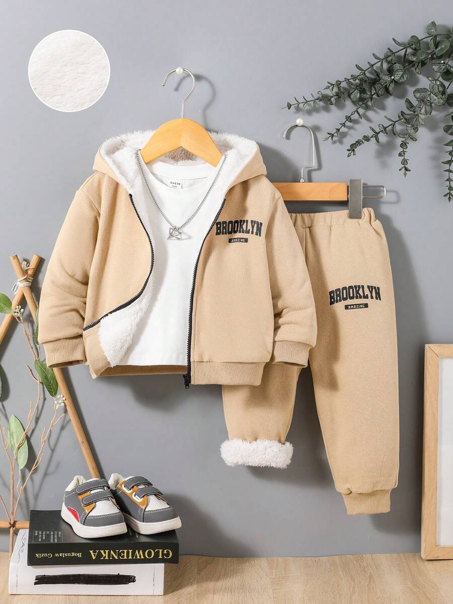SHEIN 男嬰標語圖案毛絨內襯連帽夾克和運動褲不帶T恤 - 卡其色 - 查看 1