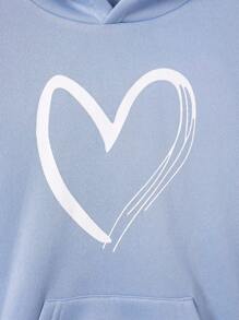 SHEIN Tween Girl Heart Print Kangaroo Pocket Hooded Sweatshirt - Baby Blue - View 5