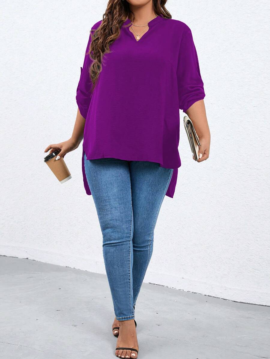 SHEIN LUNE Plus Notched Neck Roll Tab Sleeve High Low Hem Blouse - Purple - View 1