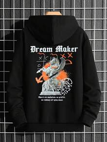 Manfinity EMRG 男士寬鬆連帽衫,口號和圖形印花,袋鼠口袋和束帶 - 黑色 - 查看 2