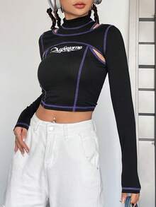 SHEIN EZwear 字母圖案頂針短款T恤&吊帶上衣 - 黑色 - 查看 3