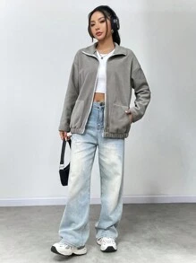 SHEIN Unity Drop Shoulder Zip Up Drop Shoulder Fleece Coat - Light Grey - View 3