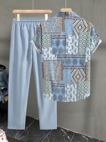 Manfinity RSRT Men Paisley Print Shirt & Drawstring Waist Pants Without Tee - Multicolor - View 2