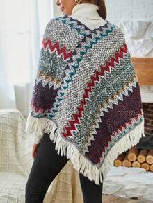 SHEIN LUNE 1 Miếng Mô hình Chevron Viền rìa Áo len Poncho - Màu tím - Xem 2