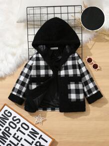 SHEIN Young Boy Gingham Hooded Contrast Teddy Panel Overcoat - Black and White - View 1