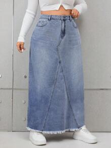 SHEIN EZwear Plus Jupe En Jean Taille Haute Ourlet Effiloché - Bleu azur - Voir 3