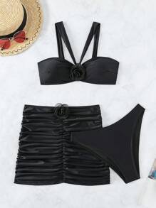 SHEIN Swim Appliques Ruched Bikini Set With Beach Skirt - Black - View 7