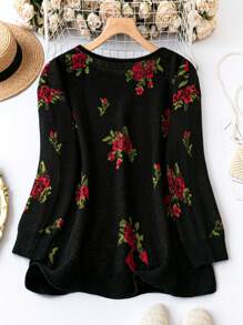 SHEIN LUNE Plus Floral Pattern Drop Shoulder Sweater - Black - View 2