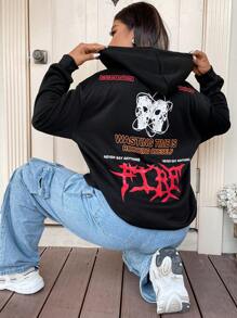 Flirla 加大码标语印花落肩套头卫衣 秋季卫衣 - 黑色 - 查看 1