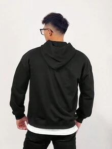 Manfinity Sport Corelite Men Letter Graphic Kangaroo Pocket Hooded Sports Sweatshirt - Black - View 2