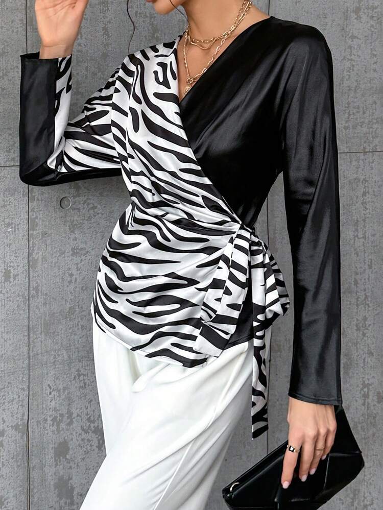 Zebra Striped Knot Side Wrap Satin Blouse