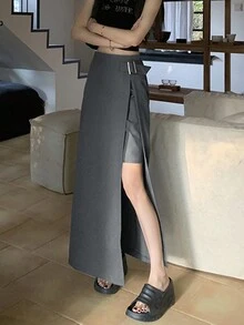 灰色高腰開衩女款半身裙